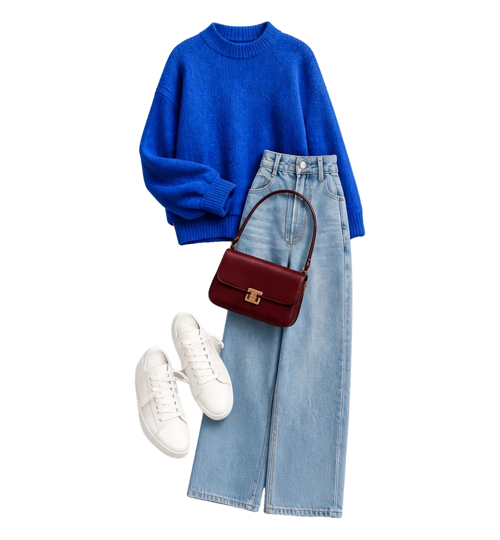 Example outfit: blue sweater, wide-leg jeans, burgundy bag, white sneakers