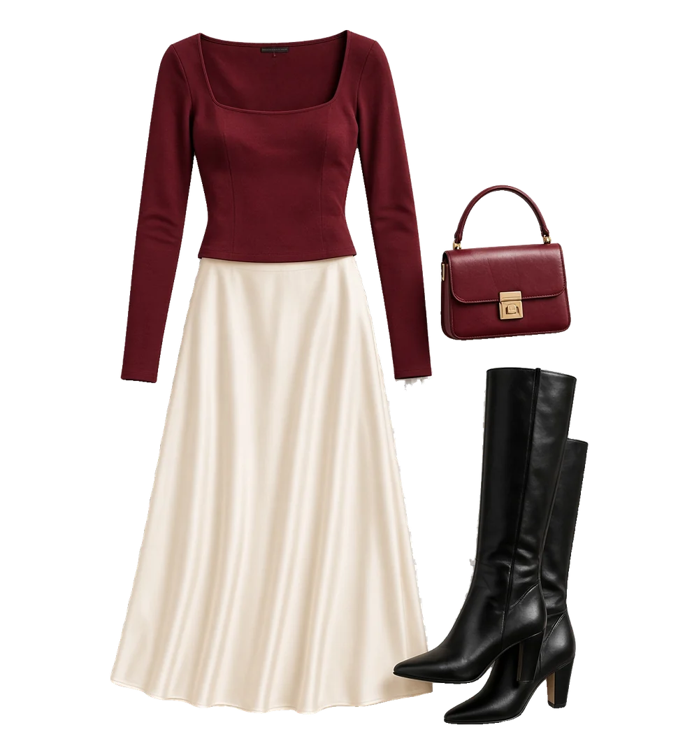 Example outfit: burgundy top, satin midi skirt, burgundy bag, black boots