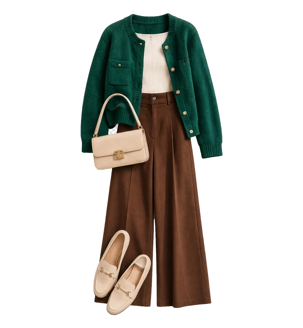 Example outfit: green cardigan, ivory top, brown trousers, beige bag, loafers
