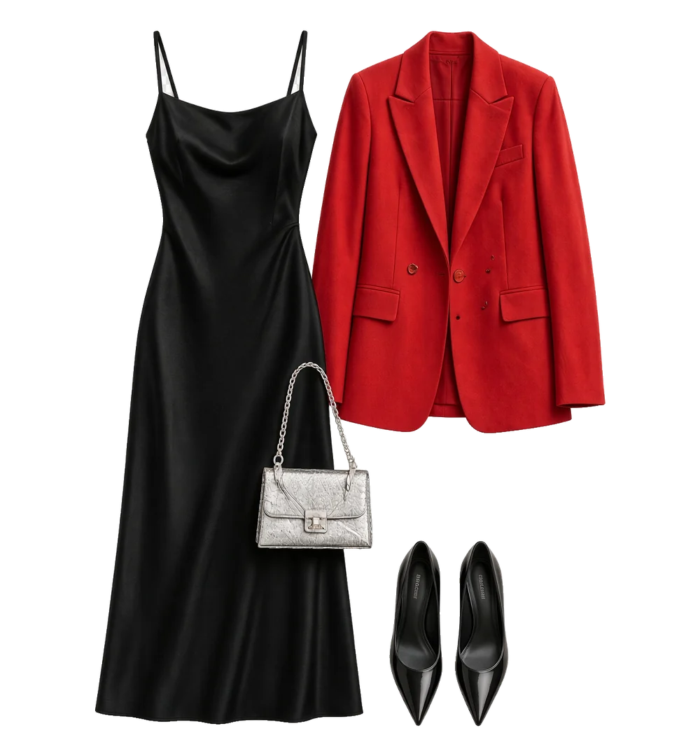 Example outfit: black slip dress, red blazer, silver bag, black pumps