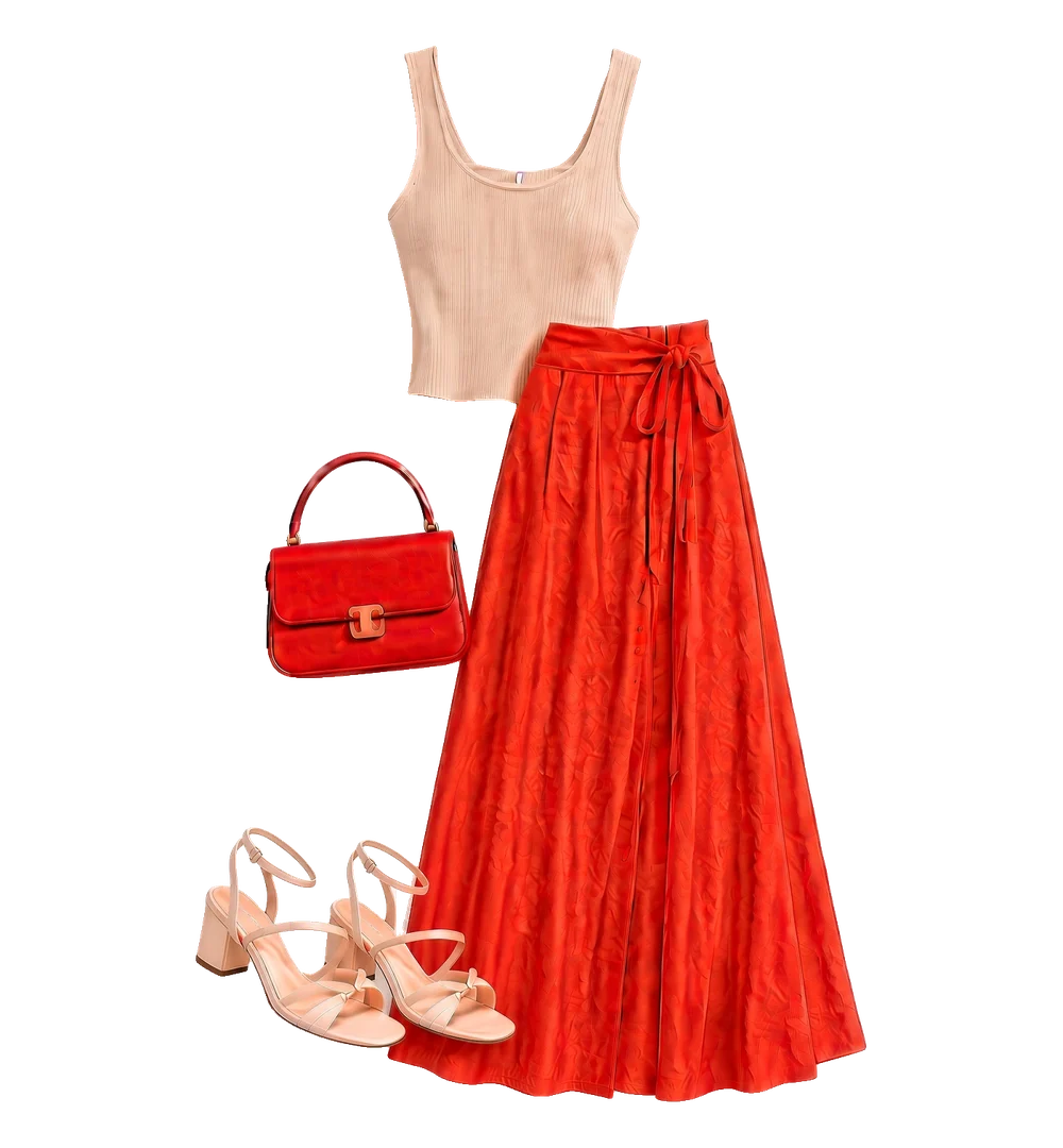 Example outfit: beige top, red midi skirt, red bag, light sandals